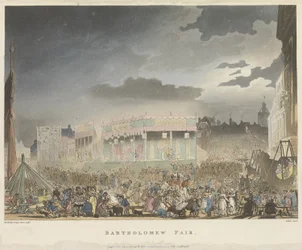 Bartholomew Fair, from the Microcosm of London, or London in Miniature, Vol. I, by Rudolph Ackerman, engraved by J. Bluch
